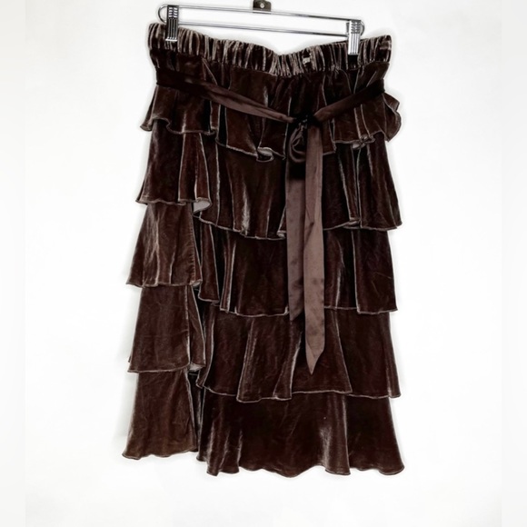 Vintage Y2K Juicy Couture Dark Brown Velvet Ruffle Tiered Skirt Size XS Silk Tie - Picture 4 of 10
